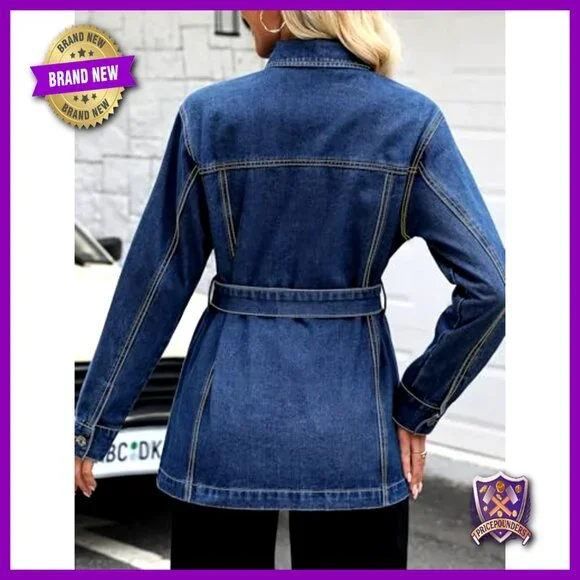 Oversized Denim Jacket Women Classic Chic Y2K Retro With Belt Long Sleeve